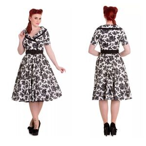 Hell Bunny Vixen Victorian Black Rose Print, Wide V-Neck Collard Desss